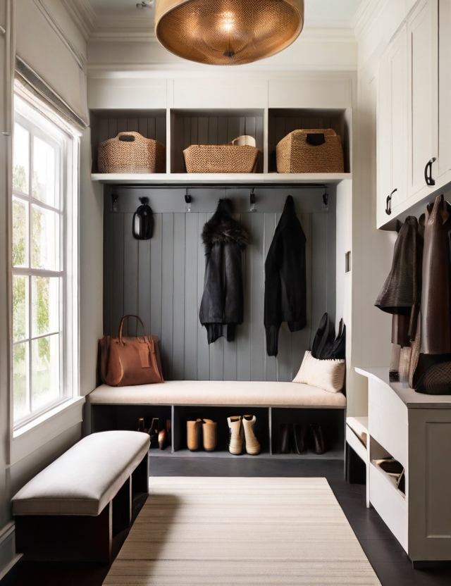 A luxurious and modern mudroom with a sleek design.