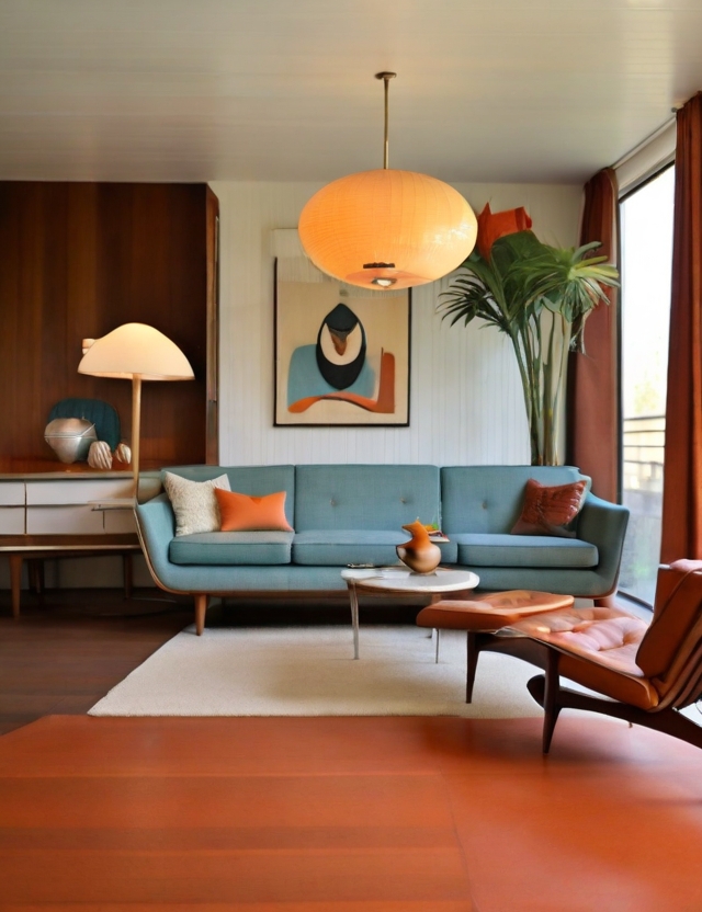 Mid century modern living room with vibrant orange and blue furniture.