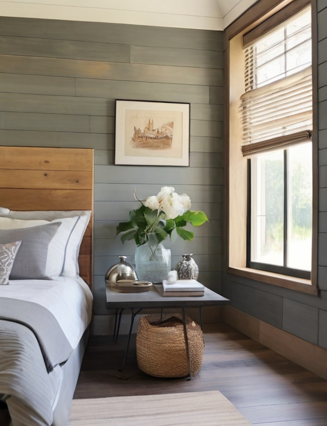 Bedroom with gray ship lap wall, brown wood bedframe, plant-decorated end table with books and vases.