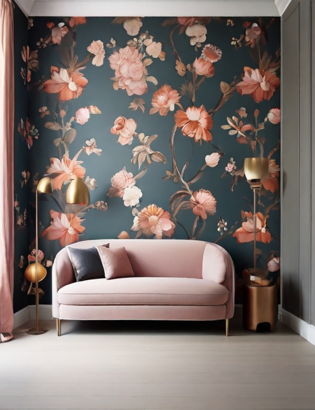 A cozy living room with a floral wallpaper, a pink couch, and elegant brass lamps.