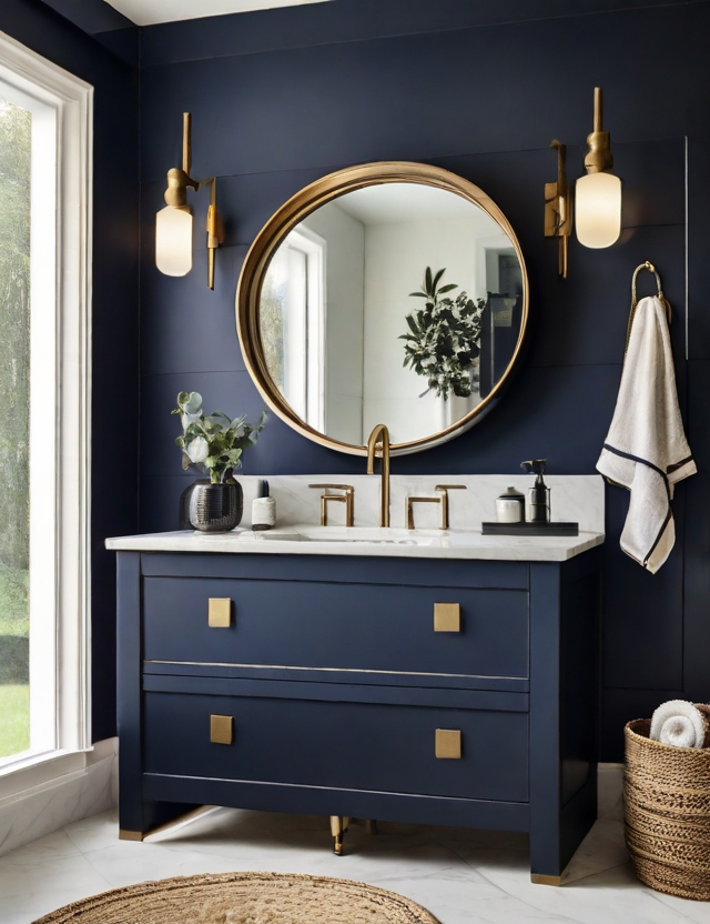 Farmhouse modern bathroom with midnight blue Shaker style vanity, brass hardware, and modern brass faucet.