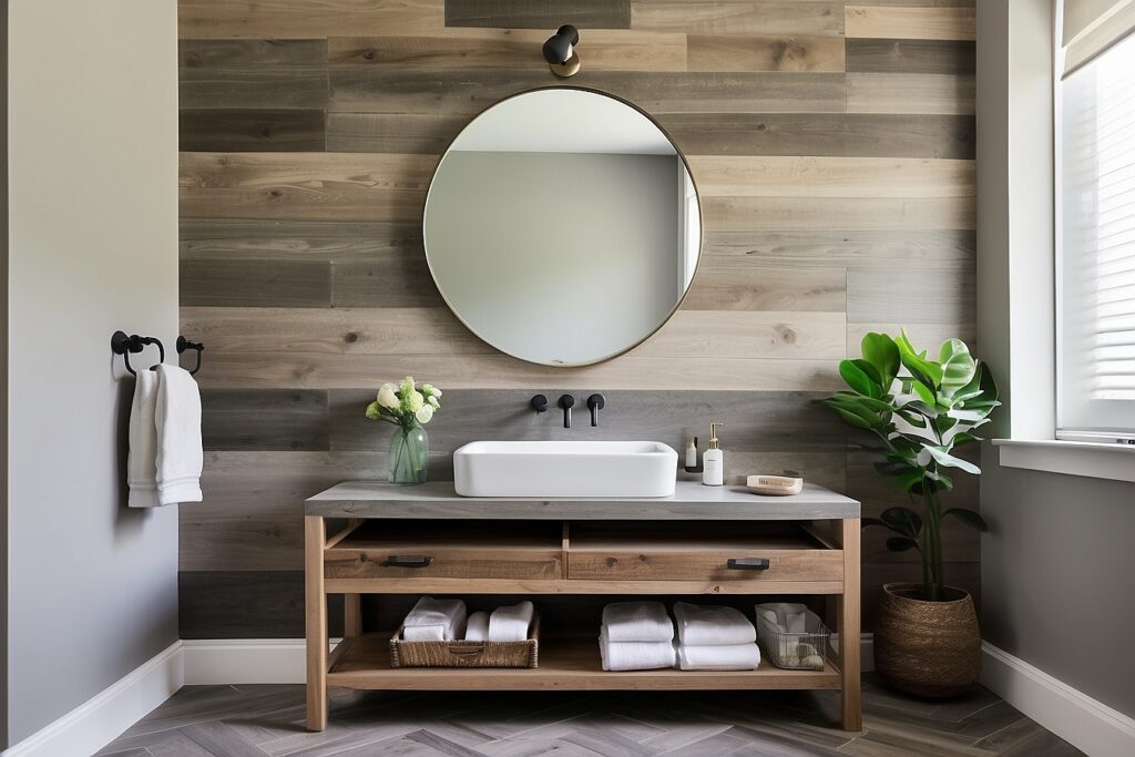 Wood vanity with reclaimed wood accent wall.