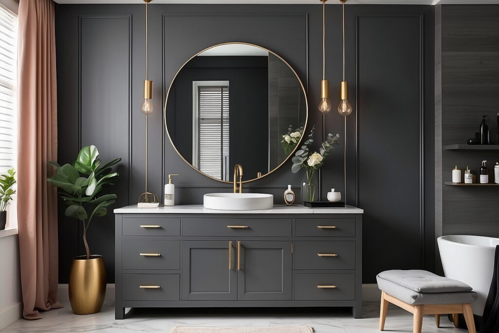 A bathroom with a sleek gray vanity and elegant gold fixtures, complemented by a charcoal gray accent wall.