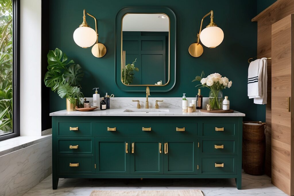 Deep Green bathroom vanity with elegant brass hardware and fixtures.