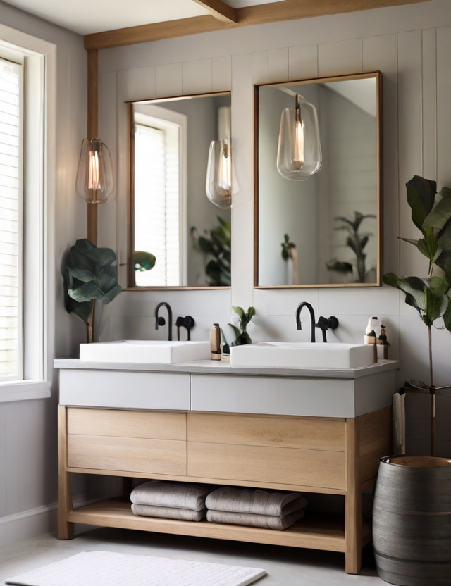 Light gray vanity and wooden accents in a modern farmhouse bathroom.