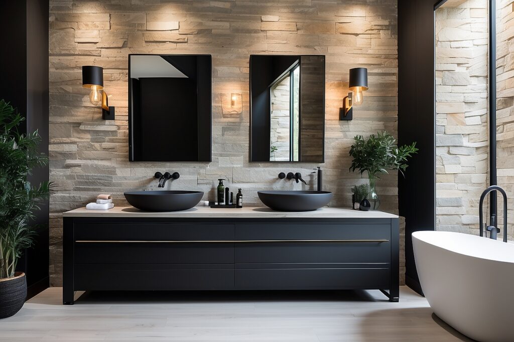 Contemporary bathroom with black and white accents, featuring a charcoal gray vanity and stacked stone wall.