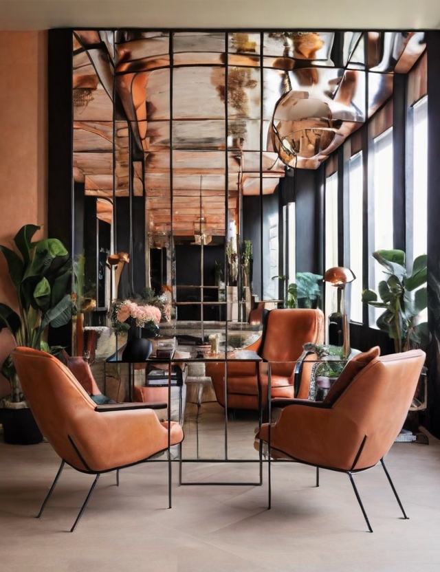 Elegant dining area in a modern apartment featuring orange leather chairs, glass table, and mirrored wall.