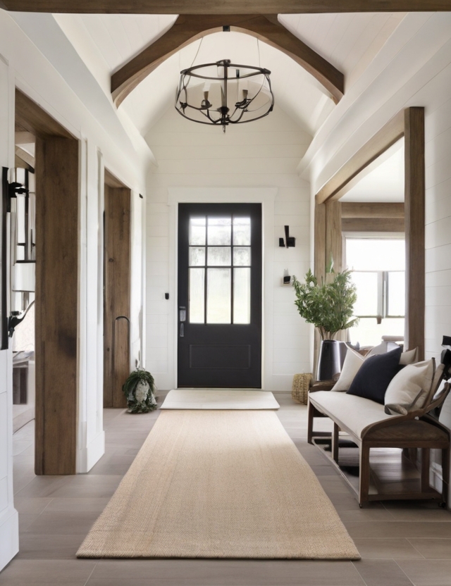 Inviting entryway with a wooden ceiling and a contemporary black door, showcasing a modern farmhouse aesthetic.