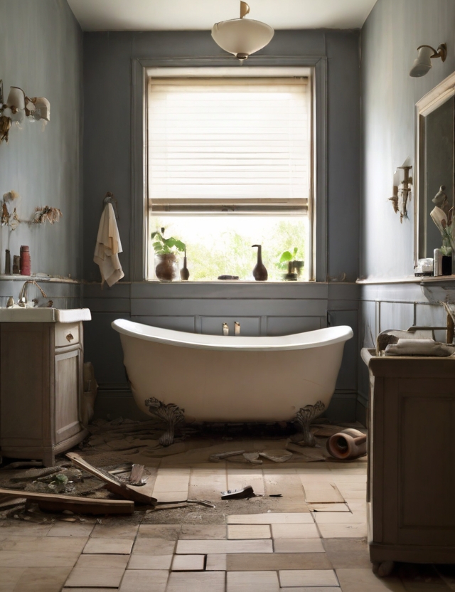 A worn-out bathroom showcasing a classic claw foot tub and sink, requiring immediate restoration.