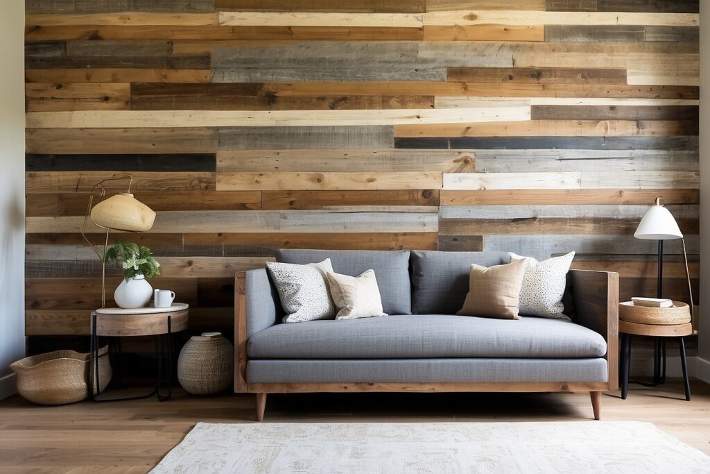 A rustic reclaimed wood wall with varying tones and textures, adding warmth and character to any space.