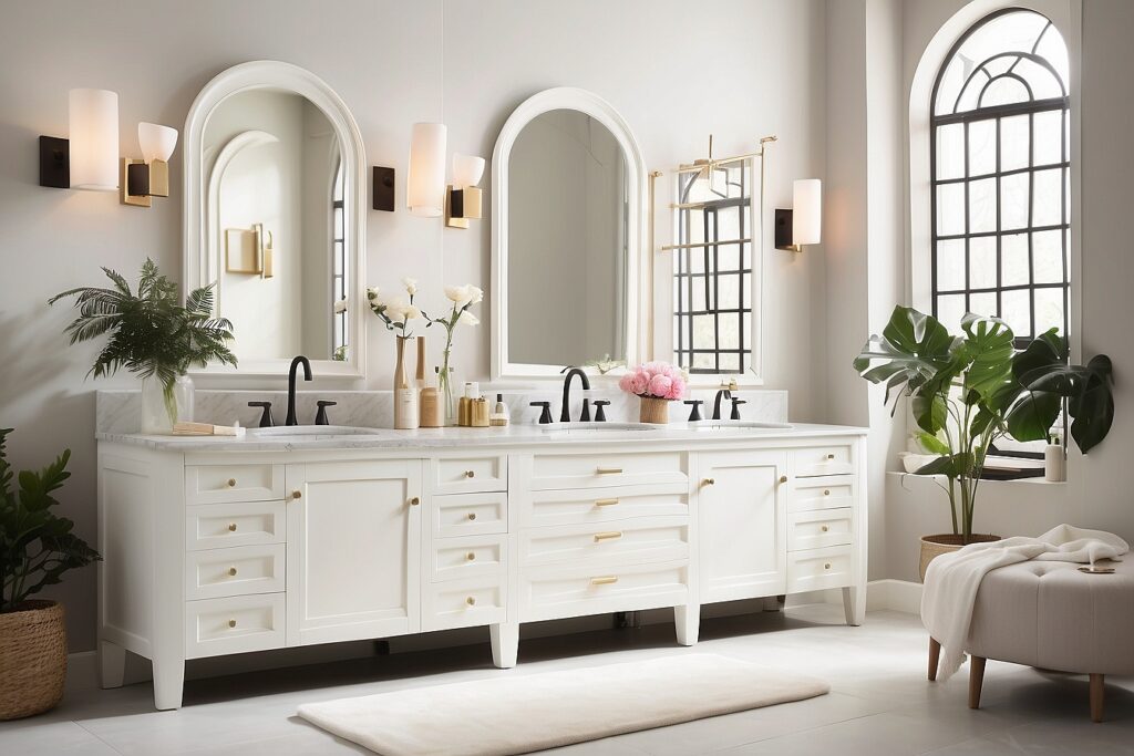 A white bathroom vanity with double sinks and mirrors, complemented by off-white walls, plants, and a gray floor.