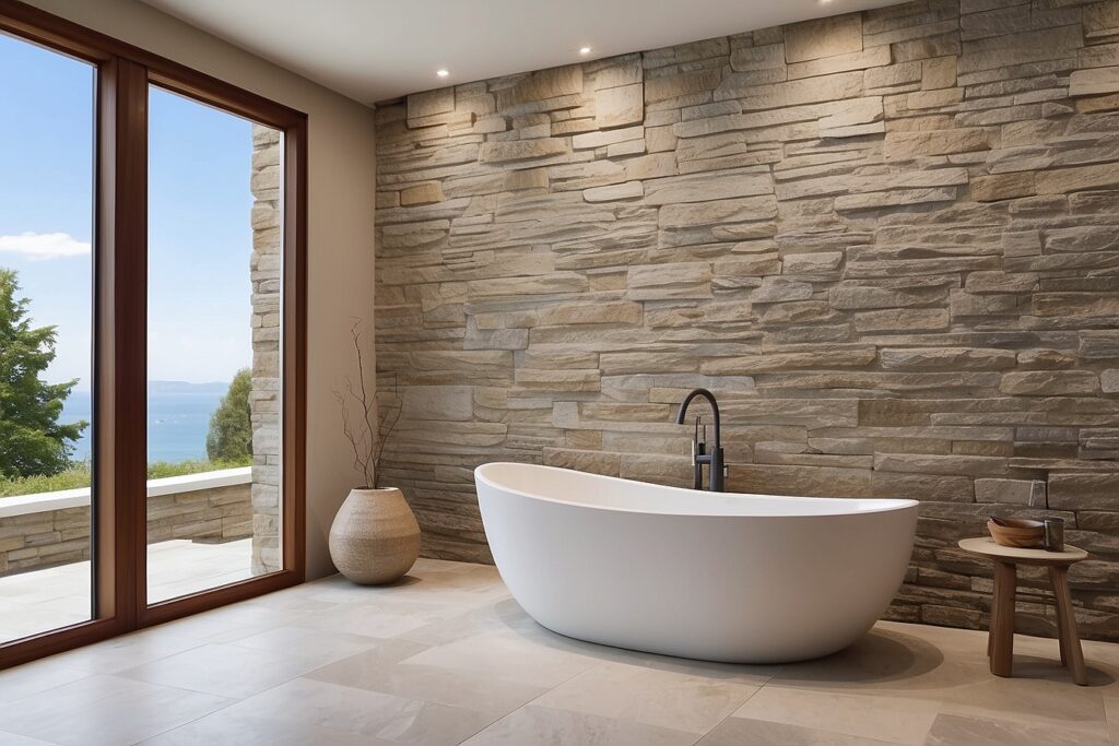 A contemporary bathroom featuring stone walls and a spacious tub.