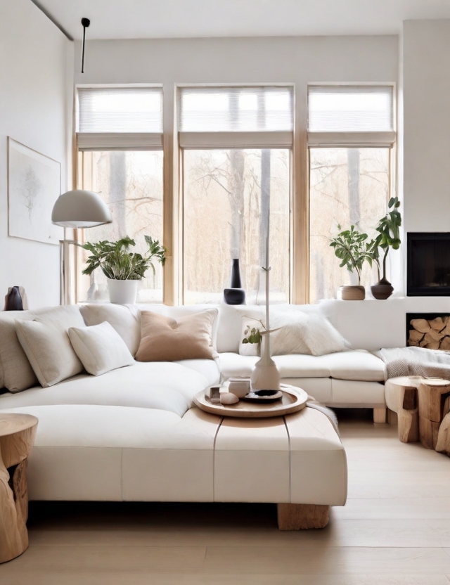 Minimalist living room with a white sectional couch, showcasing Swedish-inspired design and light-colored woods.