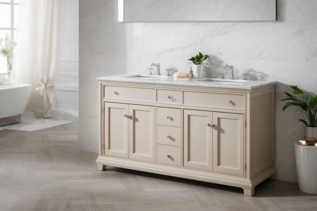 A beige bathroom vanity with two sinks and a mirror, set against a marble wall and counter, with herringbone patterned tile.