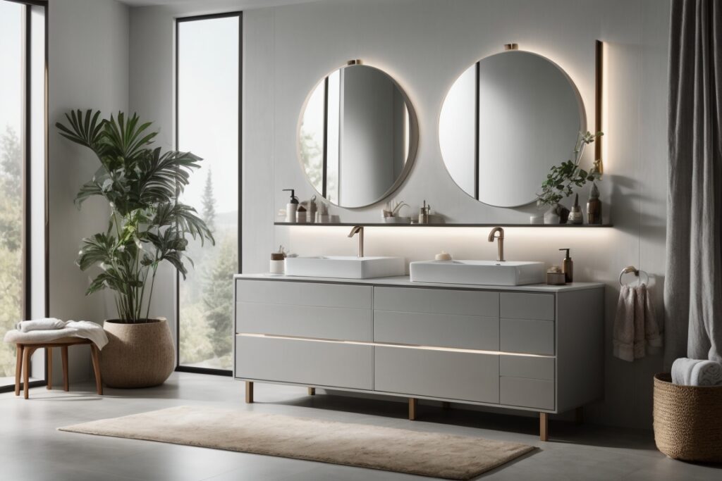 Light gray bathroom vanity with two mirrors and two sinks.