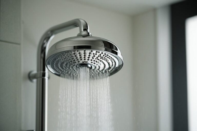 Contemporary shower head with water flowing down.