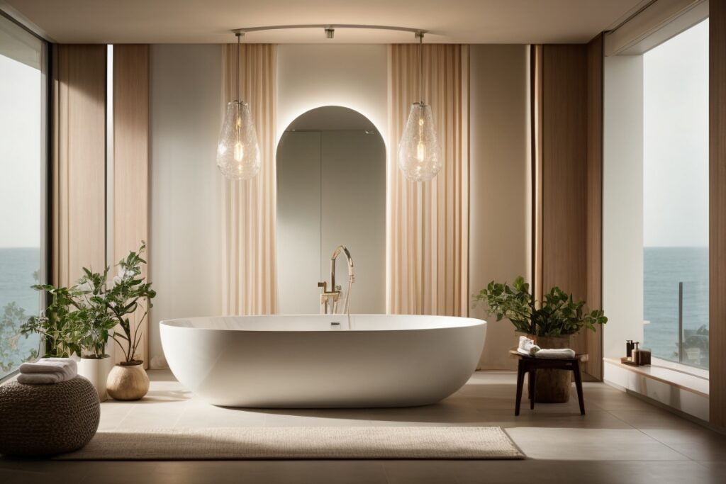 A spacious bathroom featuring a large tub, window, and modern light fixture.