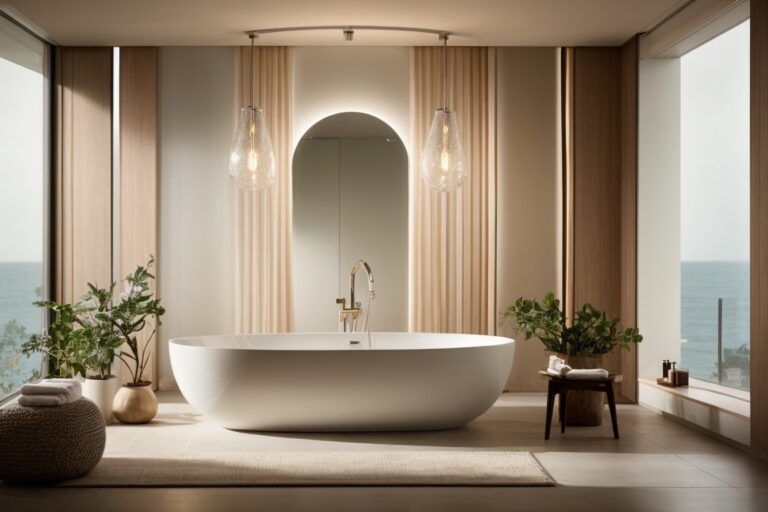 A spacious bathroom featuring a large tub, window, and modern light fixture.