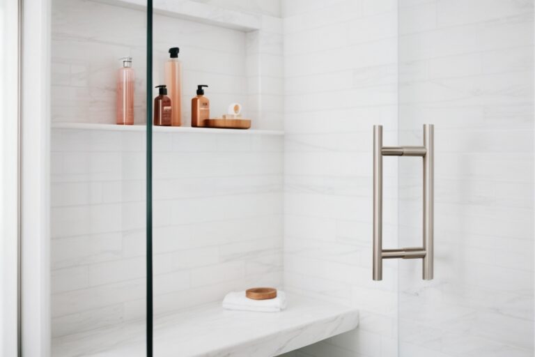 A contemporary bathroom featuring a glass shower door and a shower bench inside.