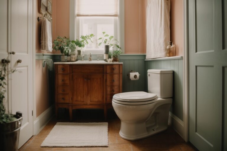 A small, cramped half bathroom with a toilet, sink, and wooden cabinet.