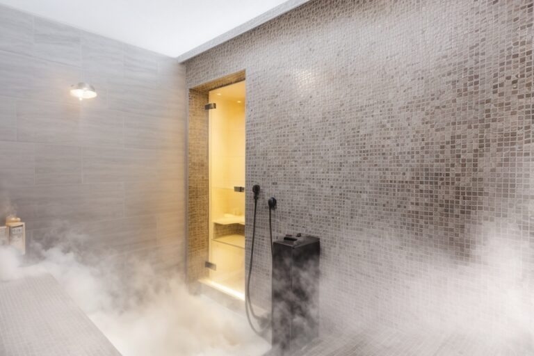 A bathroom with a steam shower creating a misty atmosphere.