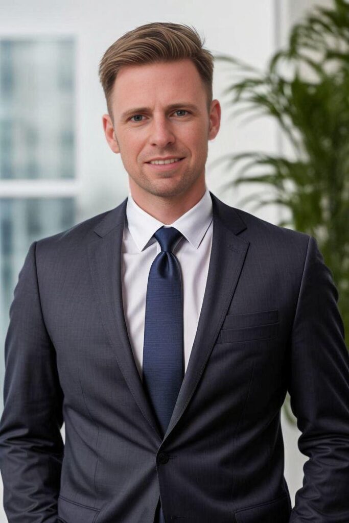 A business man in a gray suit, blue tie, and white shirt standing confidently in front of a window.