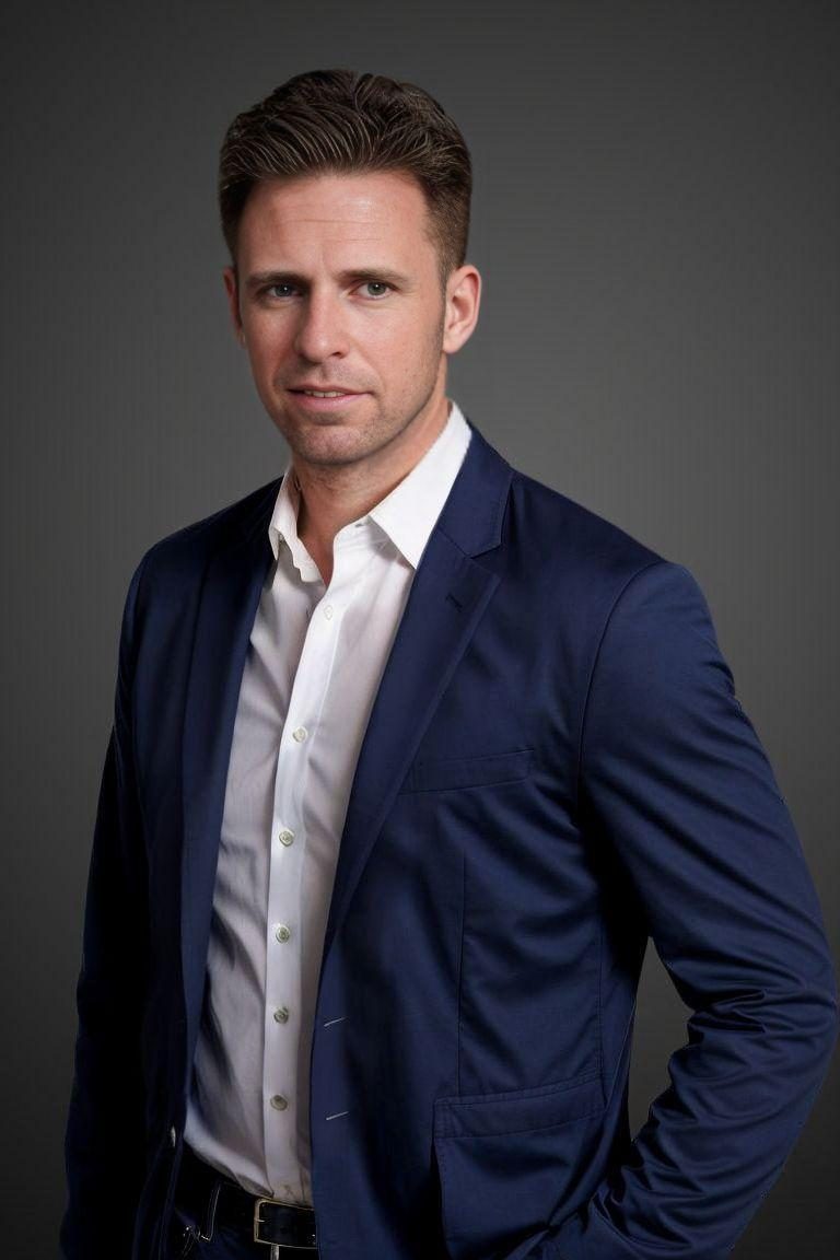 A business man in a gray suit, blue tie, and white shirt standing confidently in front of gray background.